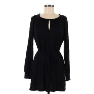 Boden Black Long Sleeve Tie Waist Keyhole Mini Dress 8 Petite Gathered Neck NWT